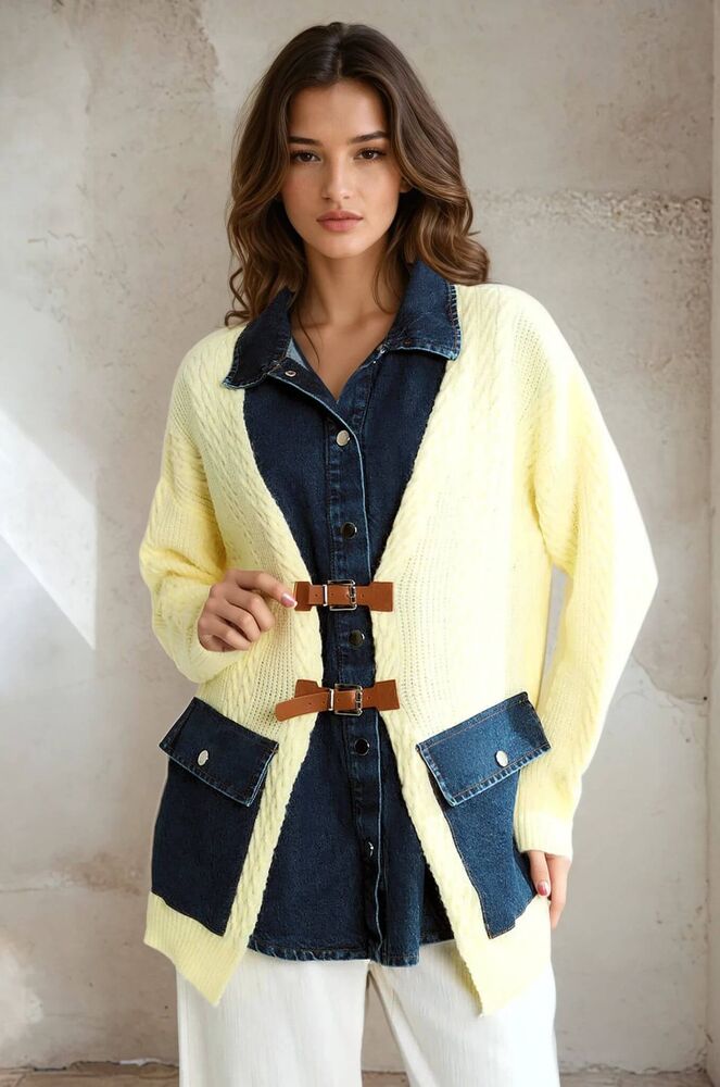 Denim Detaylı Tokalı Topuz Örgülü Örgü Hırka - Sarı - 1