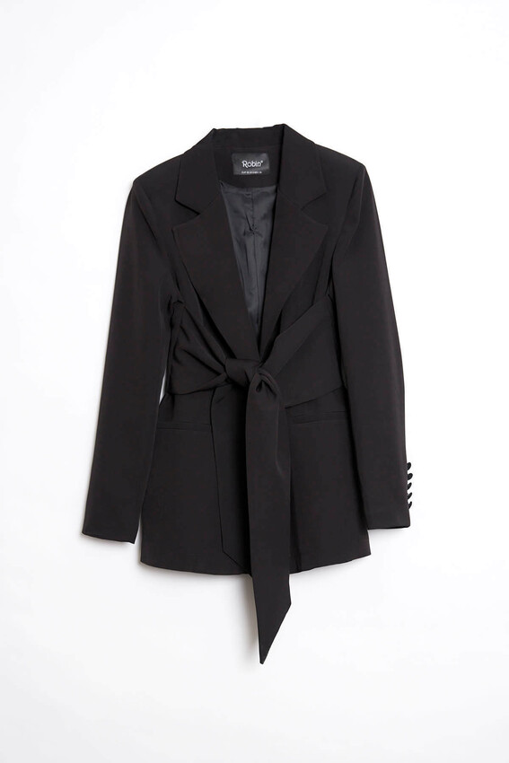 Kuşak Detaylı Kruvaze Yaka Blazer - Siyah - 4