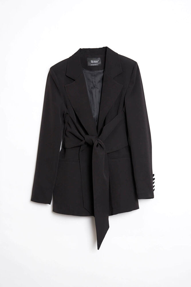 Kuşak Detaylı Kruvaze Yaka Blazer - Siyah - 4
