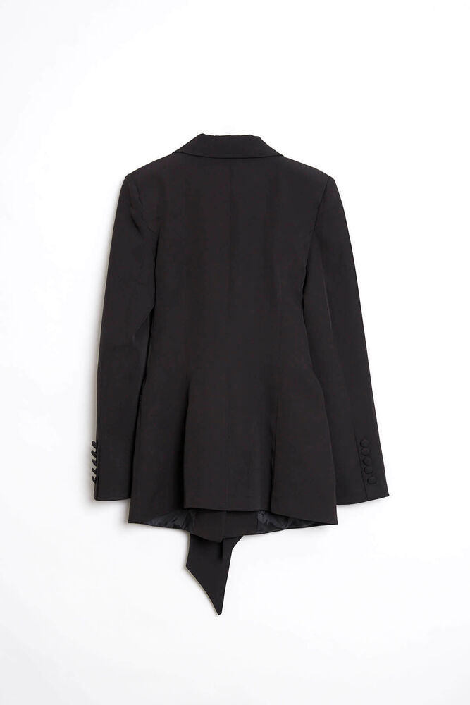 Kuşak Detaylı Kruvaze Yaka Blazer - Siyah - 5