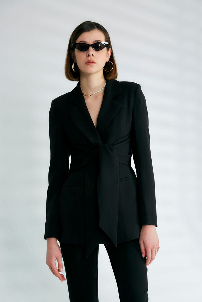 Kuşak Detaylı Kruvaze Yaka Blazer - Siyah - 2