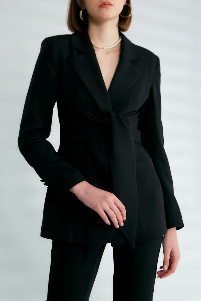 Kuşak Detaylı Kruvaze Yaka Blazer - Siyah - 1