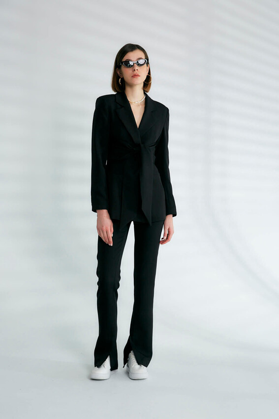 Kuşak Detaylı Kruvaze Yaka Blazer - Siyah - 3