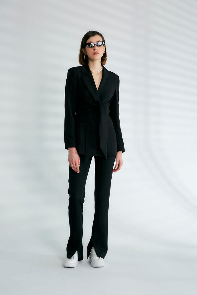 Kuşak Detaylı Kruvaze Yaka Blazer - Siyah - 3