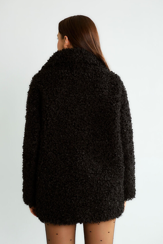 Peluş Tokalı Oversize Mont - Siyah - 4