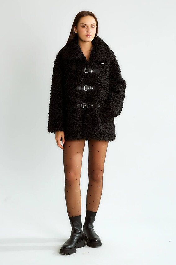 Peluş Tokalı Oversize Mont - Siyah - 2