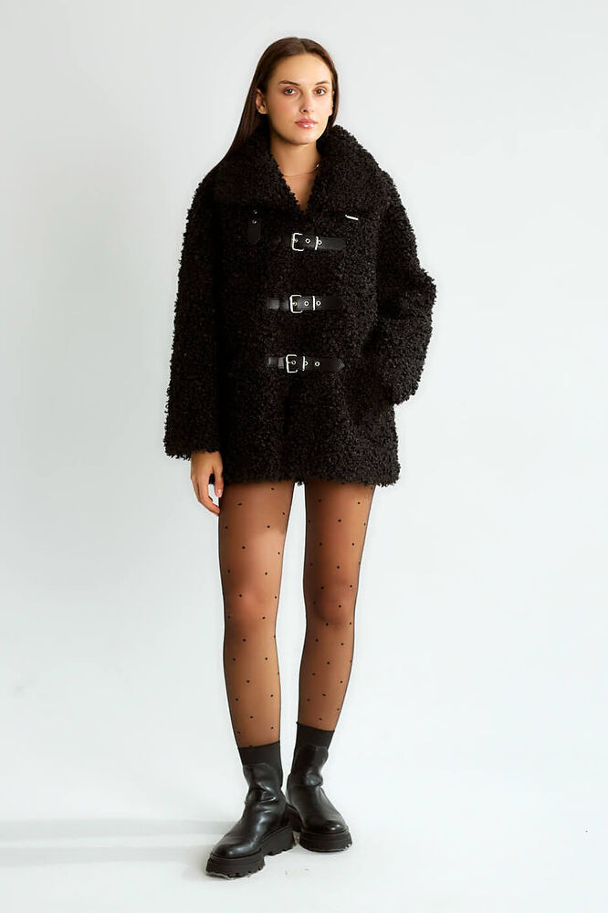 Peluş Tokalı Oversize Mont - Siyah - 2