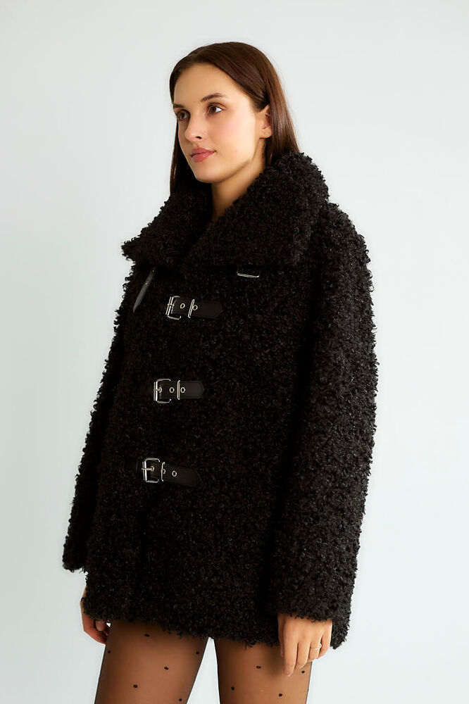 Peluş Tokalı Oversize Mont - Siyah - 3