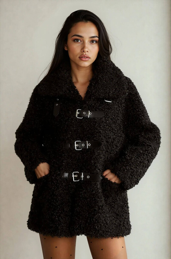 Peluş Tokalı Oversize Mont - Siyah