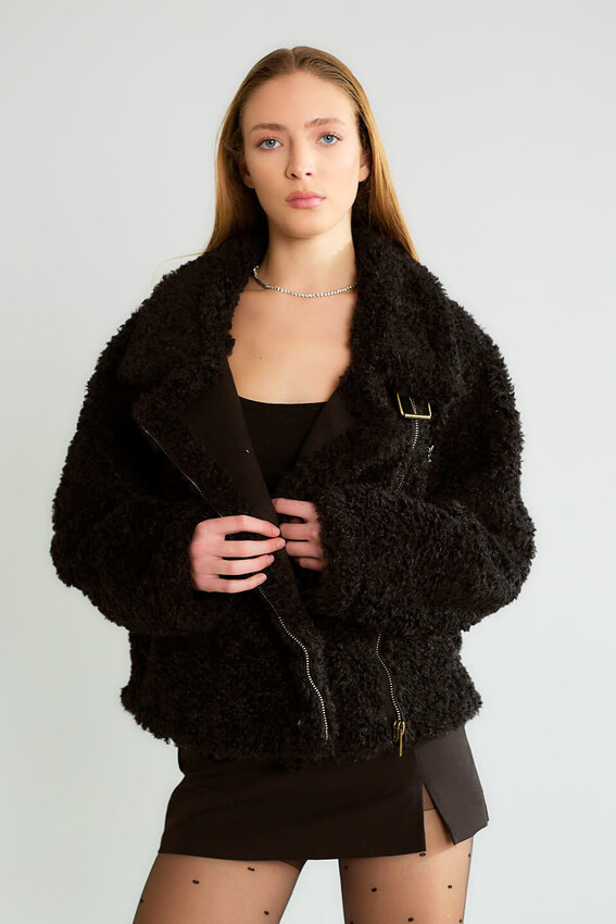 Peluş Dokulu Biker Tokalı Mont - Siyah
