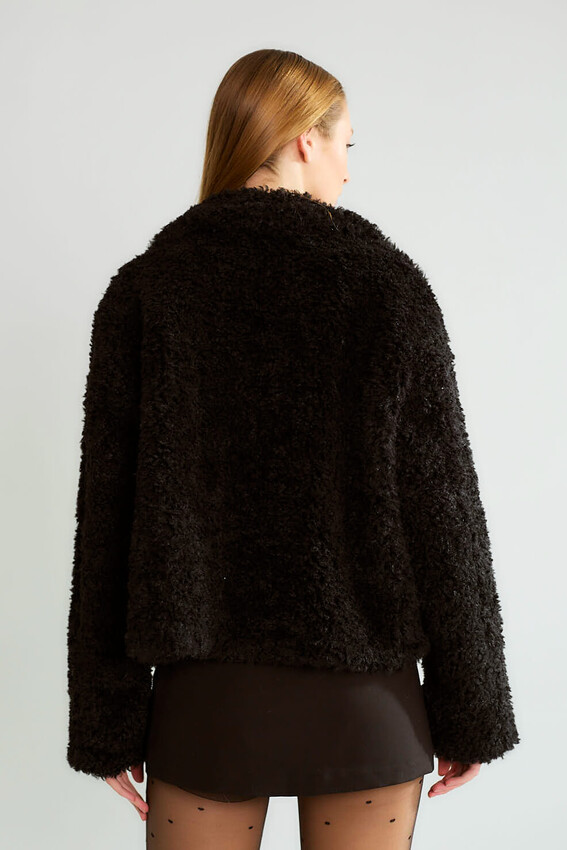 Peluş Dokulu Biker Tokalı Mont - Siyah - 4
