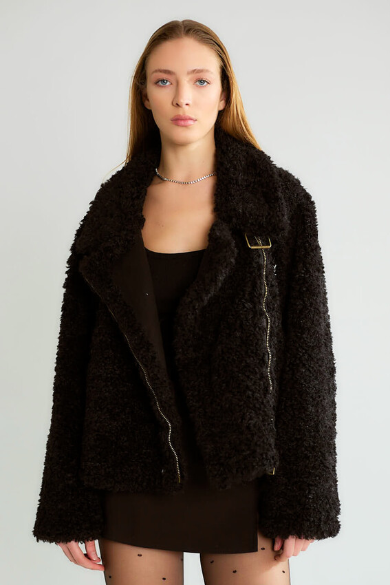 Peluş Dokulu Biker Tokalı Mont - Siyah - 3