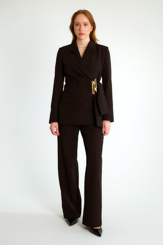 Tokalı Kruvaze Blazer Ceketli Pantolonlu Takım - Siyah