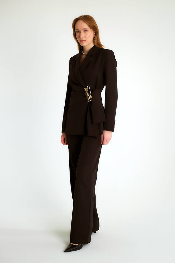 Tokalı Kruvaze Blazer Ceketli Pantolonlu Takım - Siyah - 2
