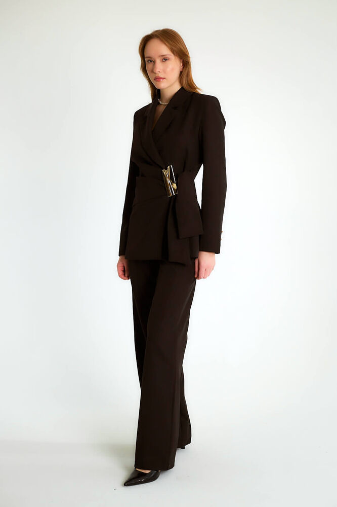 Tokalı Kruvaze Blazer Ceketli Pantolonlu Takım - Siyah - 2