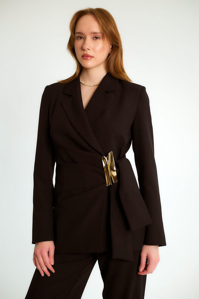 Tokalı Kruvaze Blazer Ceketli Pantolonlu Takım - Siyah - 3