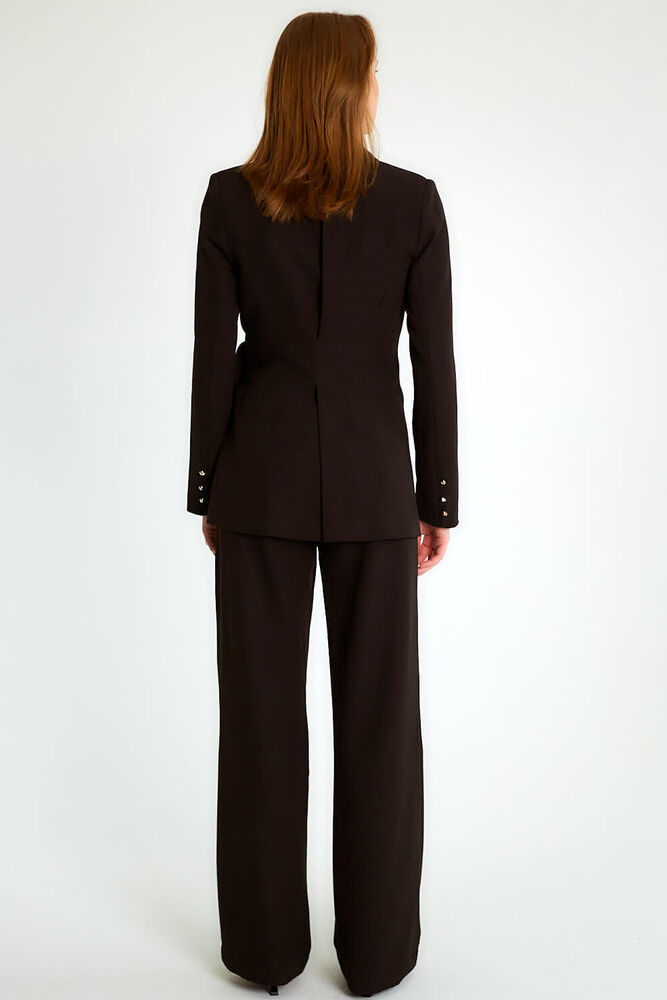 Tokalı Kruvaze Blazer Ceketli Pantolonlu Takım - Siyah - 4