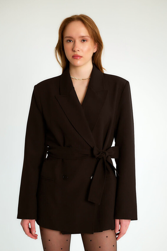 Kuşaklı Omuz Vatkalı Kruvaze Blazer - Siyah