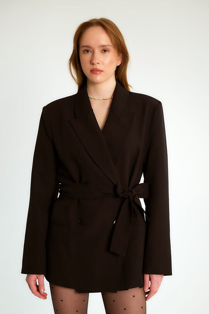 Kuşaklı Omuz Vatkalı Kruvaze Blazer - Siyah - 1