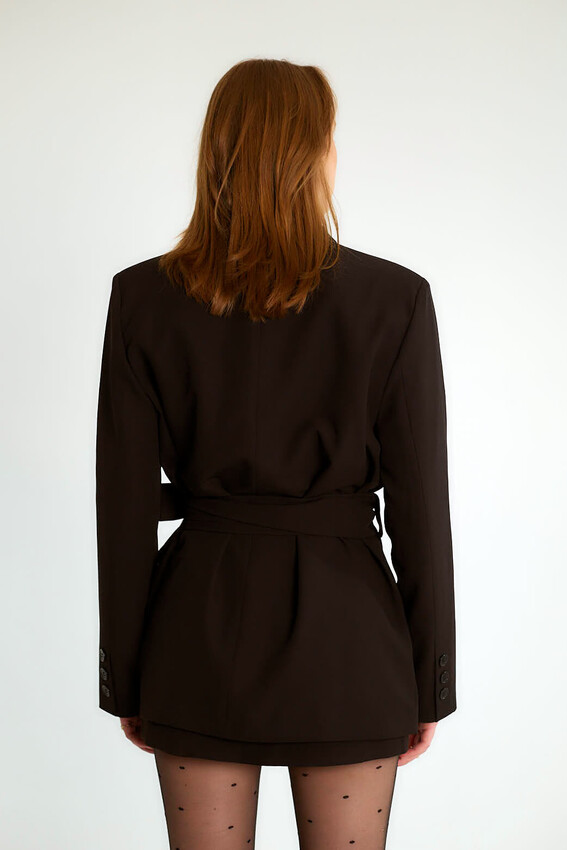 Kuşaklı Omuz Vatkalı Kruvaze Blazer - Siyah - 4