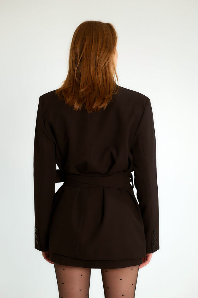 Kuşaklı Omuz Vatkalı Kruvaze Blazer - Siyah - 4