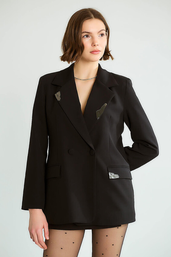 Taş Aksesuarlı Yaka Detaylı Blazer - Siyah
