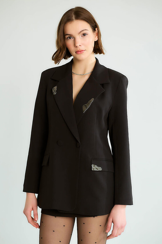 Taş Aksesuarlı Yaka Detaylı Blazer - Siyah - 2
