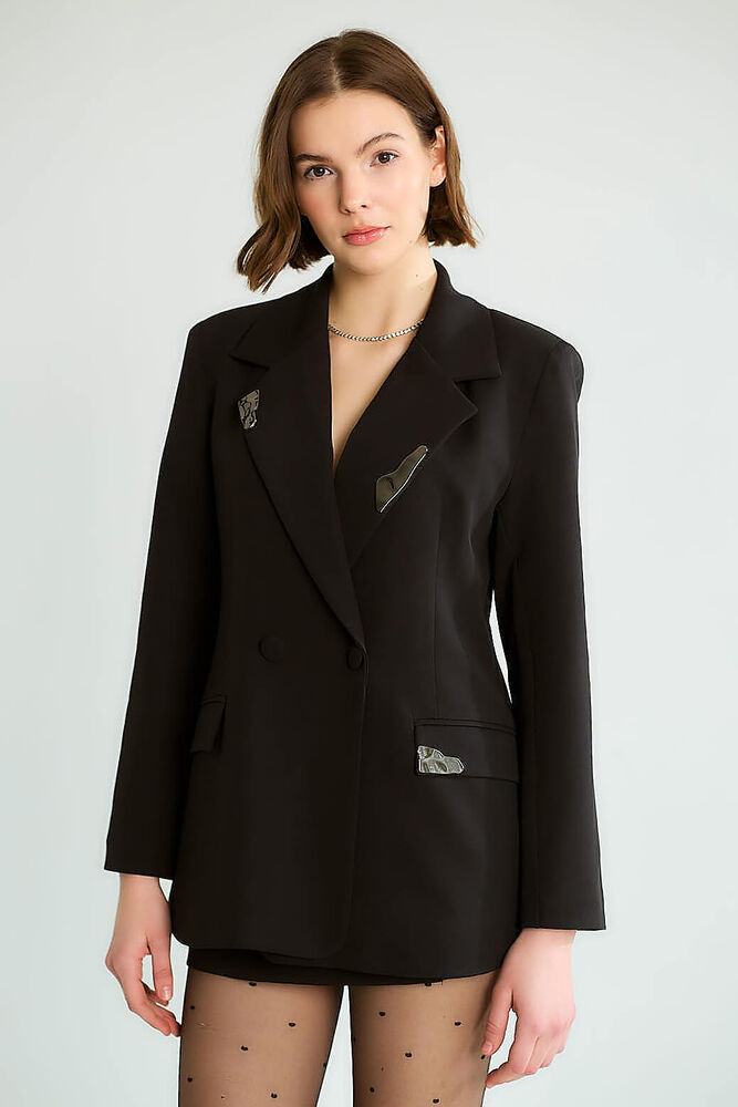 Taş Aksesuarlı Yaka Detaylı Blazer - Siyah - 2