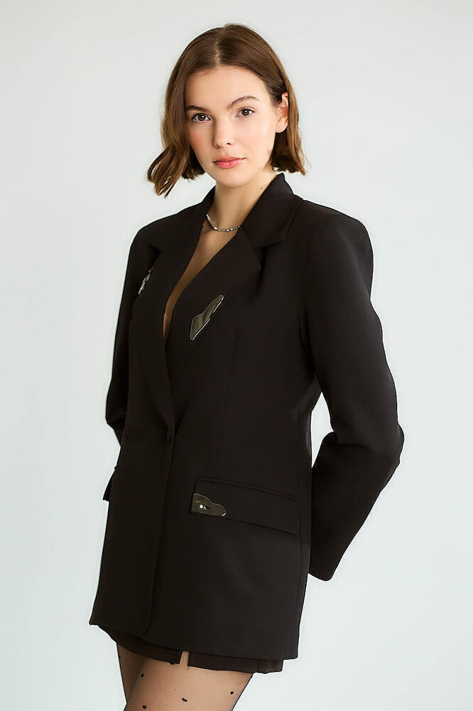 Taş Aksesuarlı Yaka Detaylı Blazer - Siyah - 4