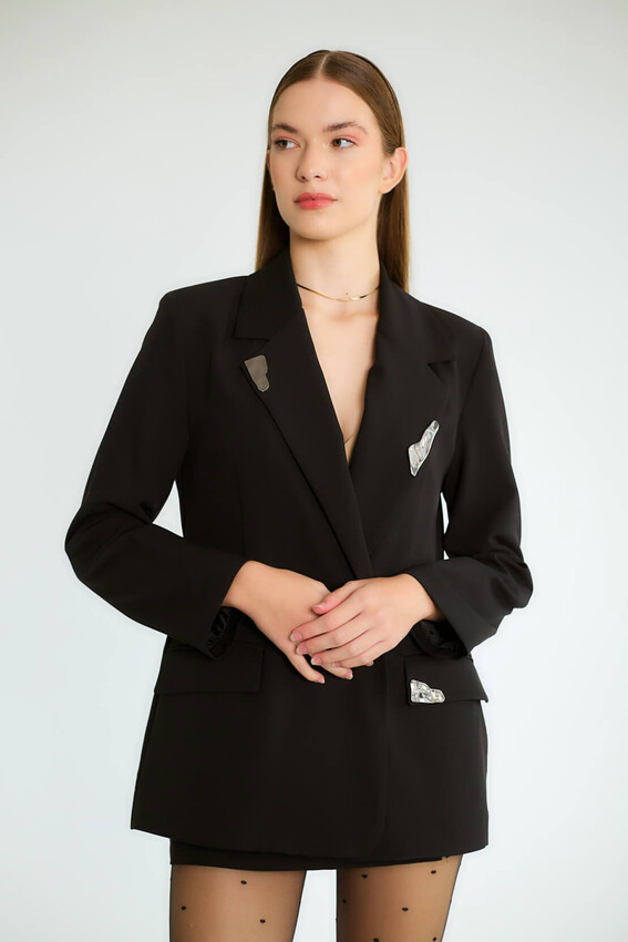 Taş Aksesuarlı Yaka Detaylı Blazer - Siyah - 3