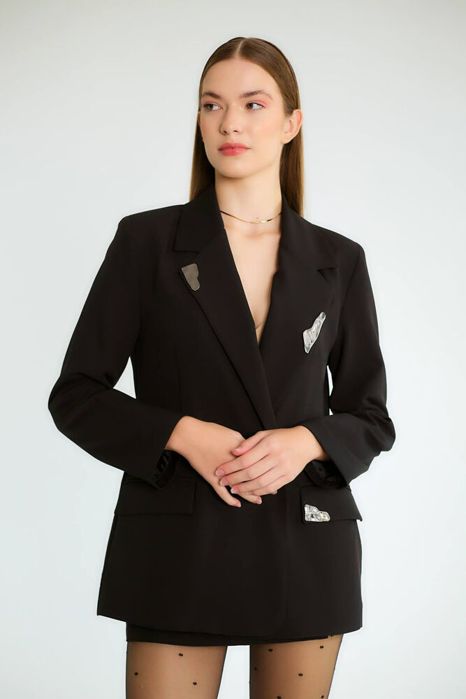 Taş Aksesuarlı Yaka Detaylı Blazer - Siyah - 3