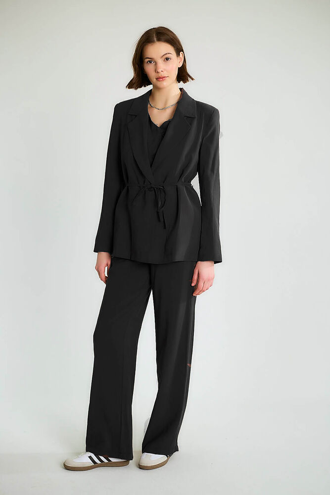 Beli Büzgülü Blazer Ceketli Pantolonlu Takım - Siyah - 1