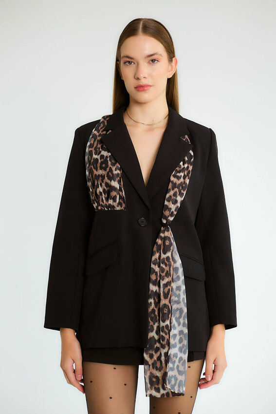 Leopar Eşarp Detaylı Blazer - Siyah - 4