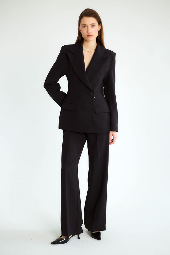 Kruvaze Blazer Ceketli Pantolonlu Takım - Siyah