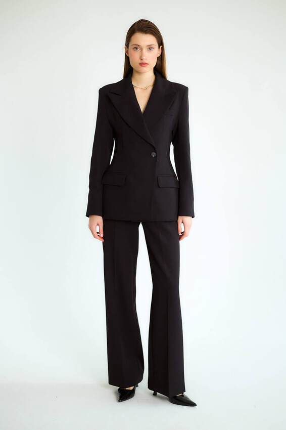 Kruvaze Blazer Ceketli Pantolonlu Takım - Siyah - 3