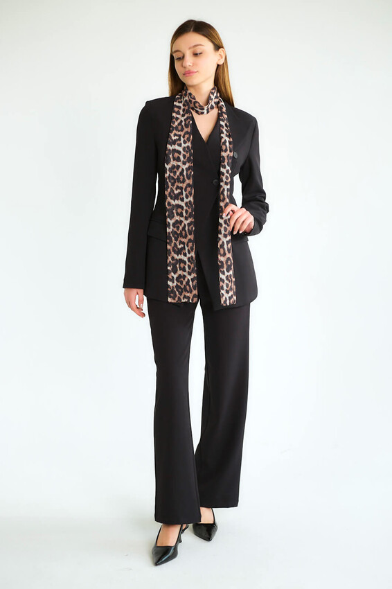 Leopar Eşarp Detaylı Blazer Ceketli Pantolonlu Takım - Siyah - 2