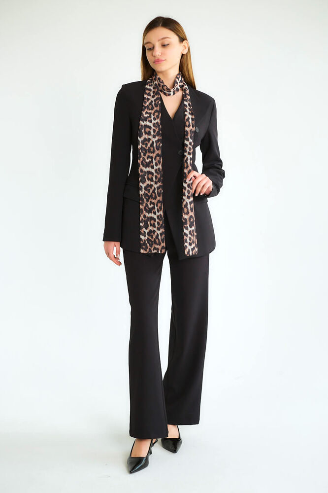 Leopar Eşarp Detaylı Blazer Ceketli Pantolonlu Takım - Siyah - 2