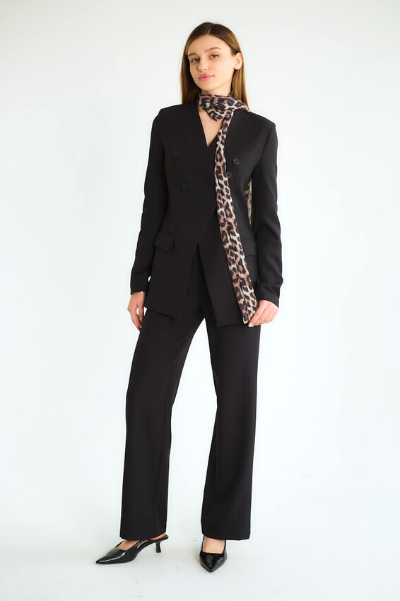 Leopar Eşarp Detaylı Blazer Ceketli Pantolonlu Takım - Siyah - 3