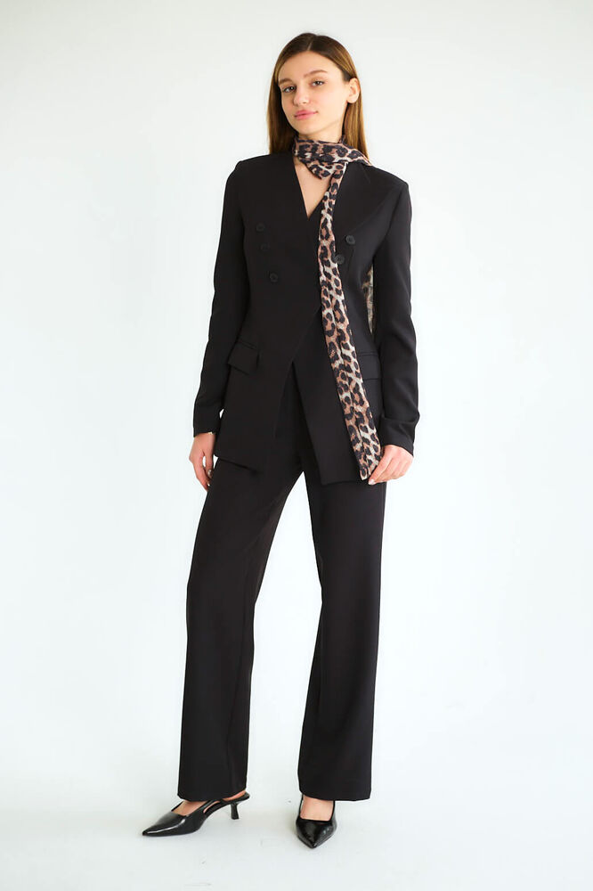 Leopar Eşarp Detaylı Blazer Ceketli Pantolonlu Takım - Siyah - 3