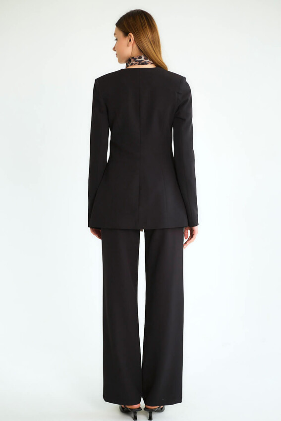 Leopar Eşarp Detaylı Blazer Ceketli Pantolonlu Takım - Siyah - 4