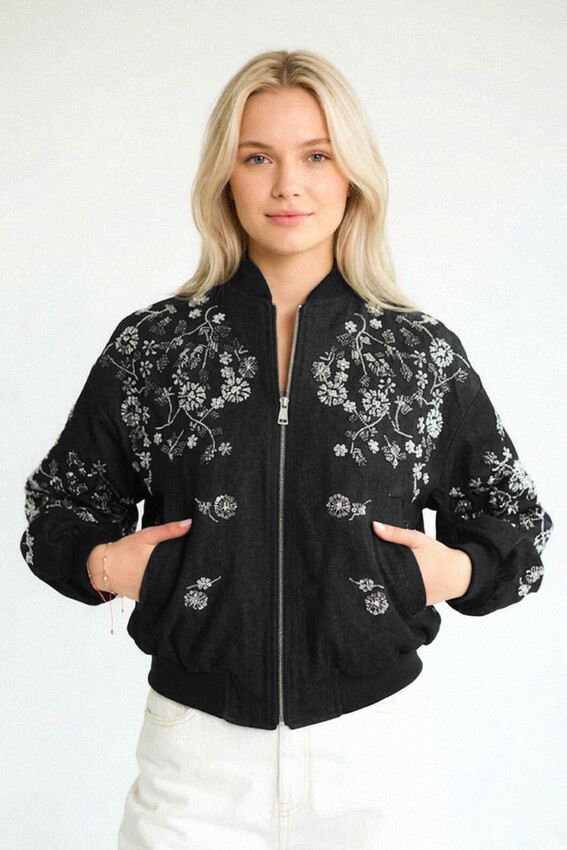 Nakışlı Denim Fermuarlı Bomber - Siyah - 3