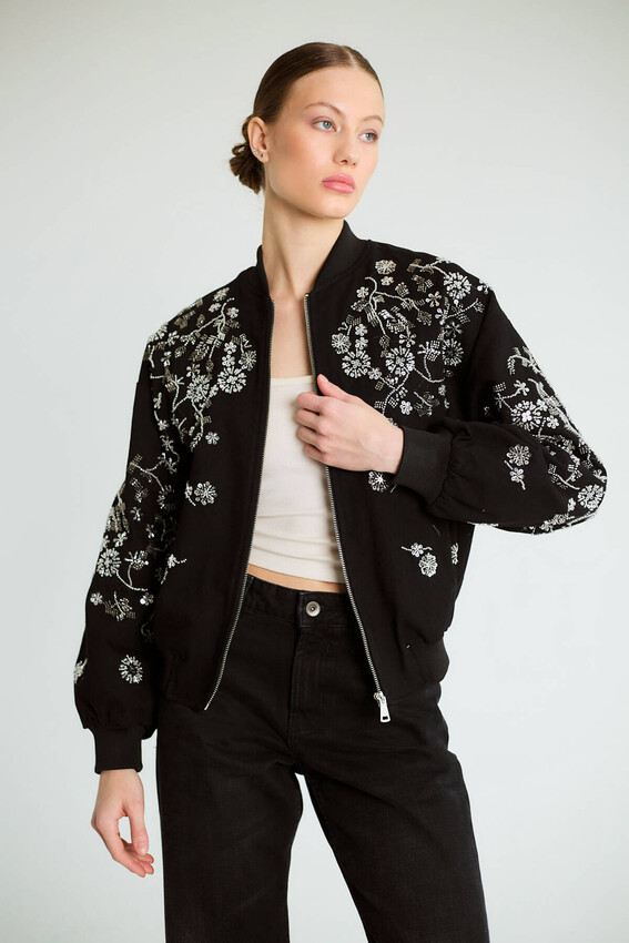 Nakışlı Denim Fermuarlı Bomber - Siyah