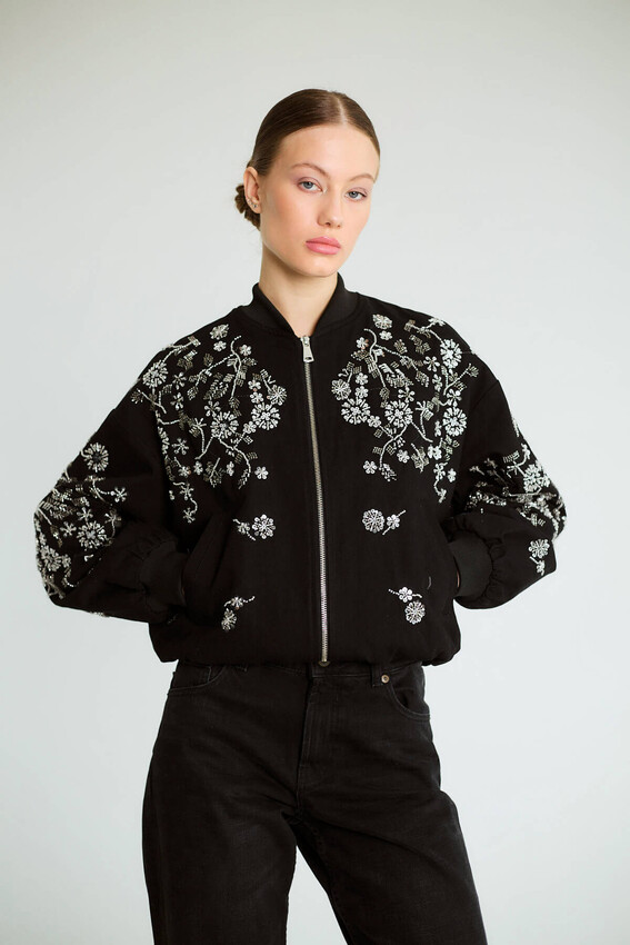 Nakışlı Denim Fermuarlı Bomber - Siyah - 4