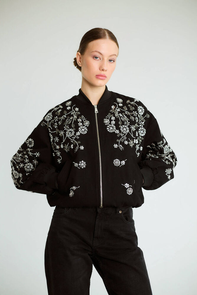 Nakışlı Denim Fermuarlı Bomber - Siyah - 4