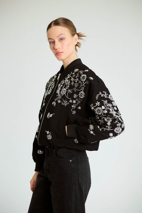 Nakışlı Denim Fermuarlı Bomber - Siyah - 2