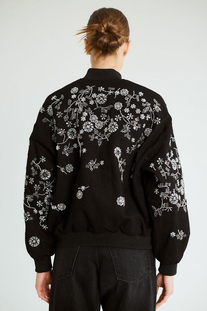 Nakışlı Denim Fermuarlı Bomber - Siyah - 5