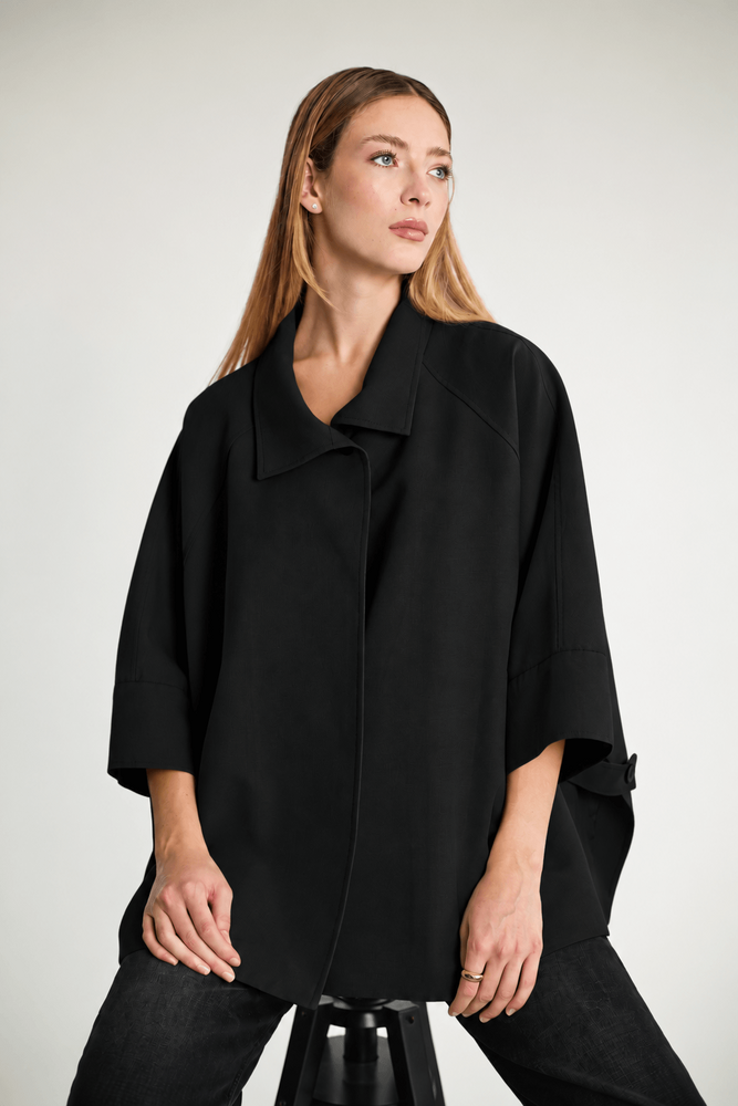 Oversize Pelerin Kollu Yakalı Trençkot - Siyah - 1