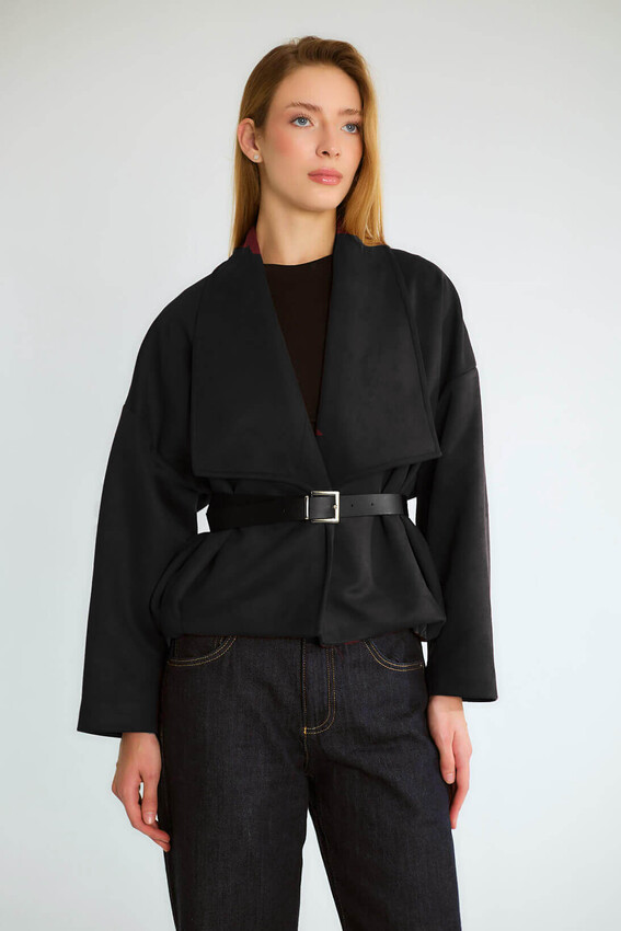Kruvaze Yaka Kemerli Oversize Mont - Siyah