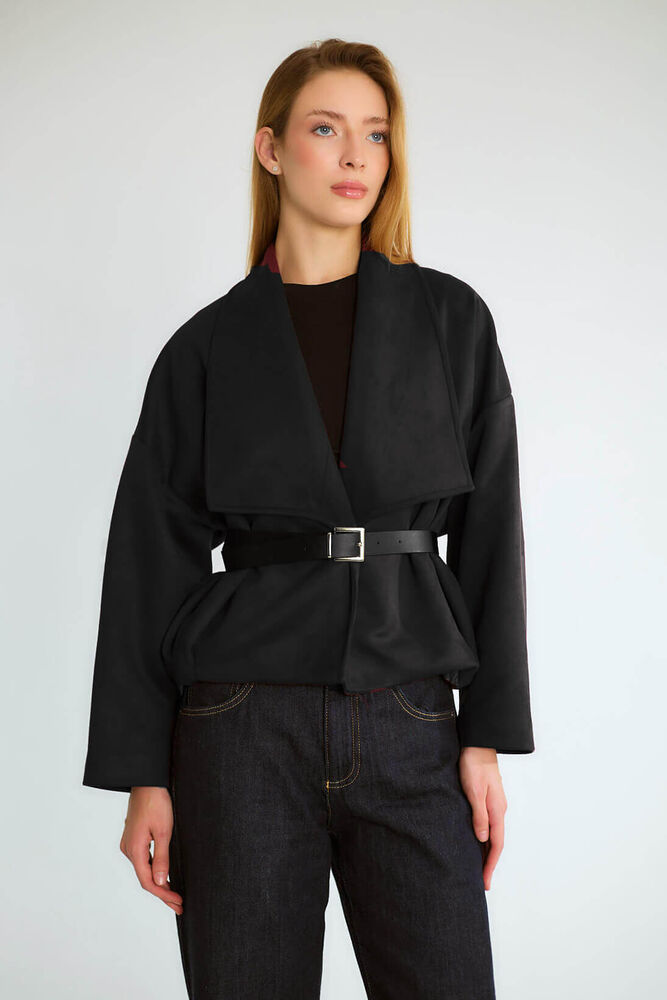 Kruvaze Yaka Kemerli Oversize Mont - Siyah - 1