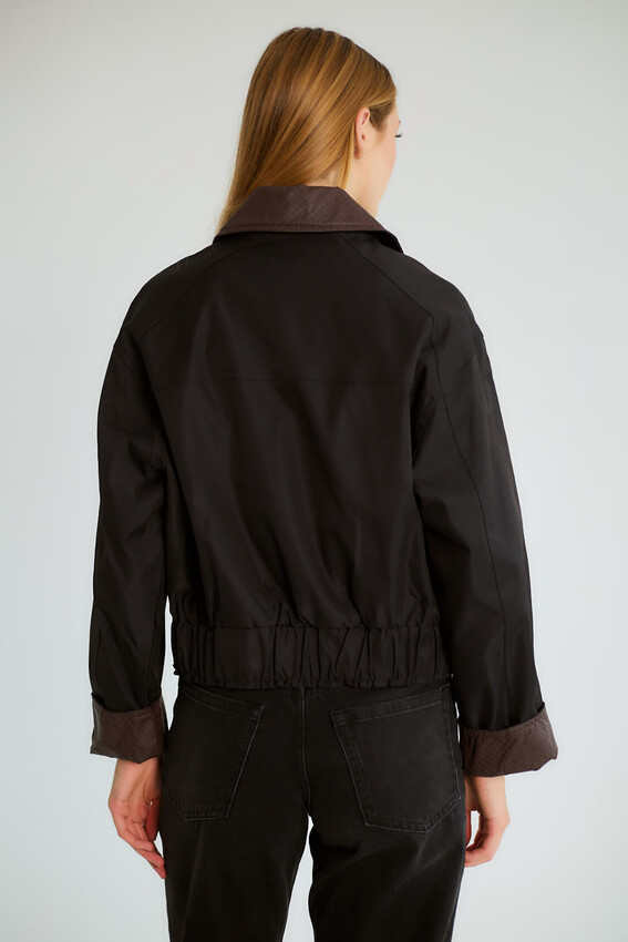 Yaka Detaylı Fermuarlı Bomber - Siyah - 5